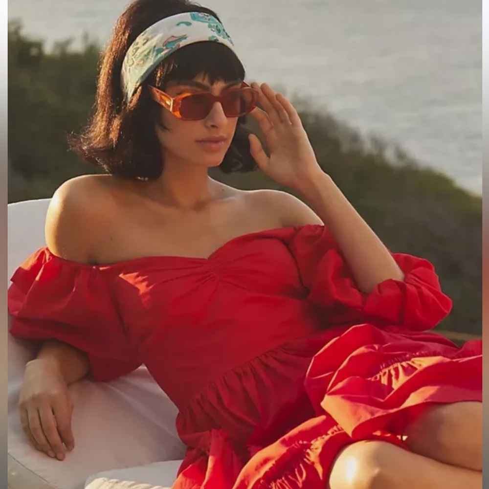 Anthro ATSU Dress Women 10P Red Off-The-Shoulder Preppy Poplin Sundress